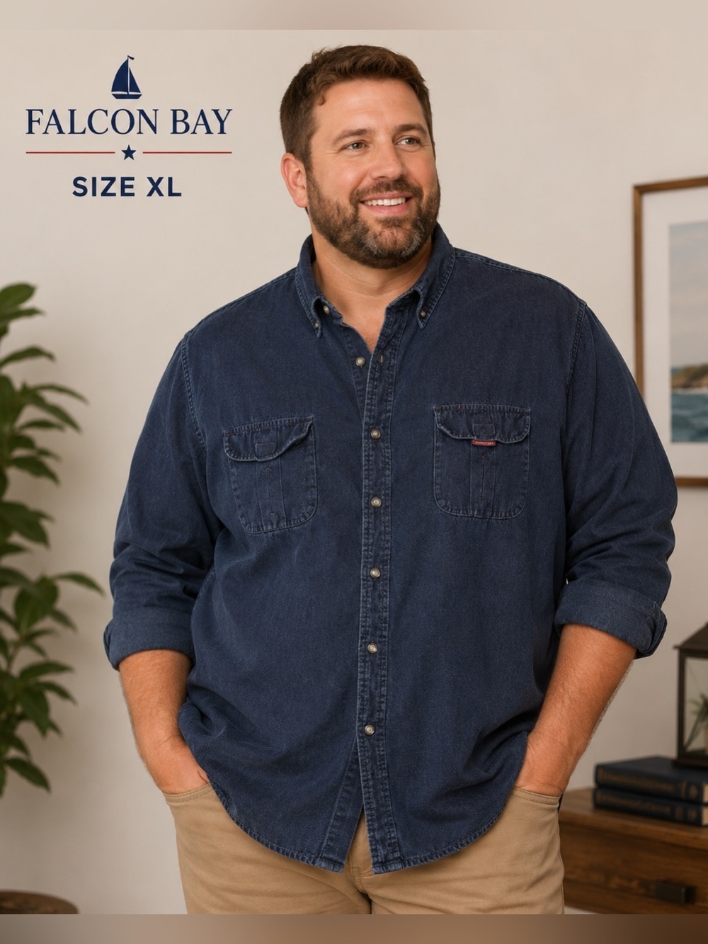 Falcon Bay Men’s 1X Cotton Button Front Shirt Navy Blue Long Sleeve